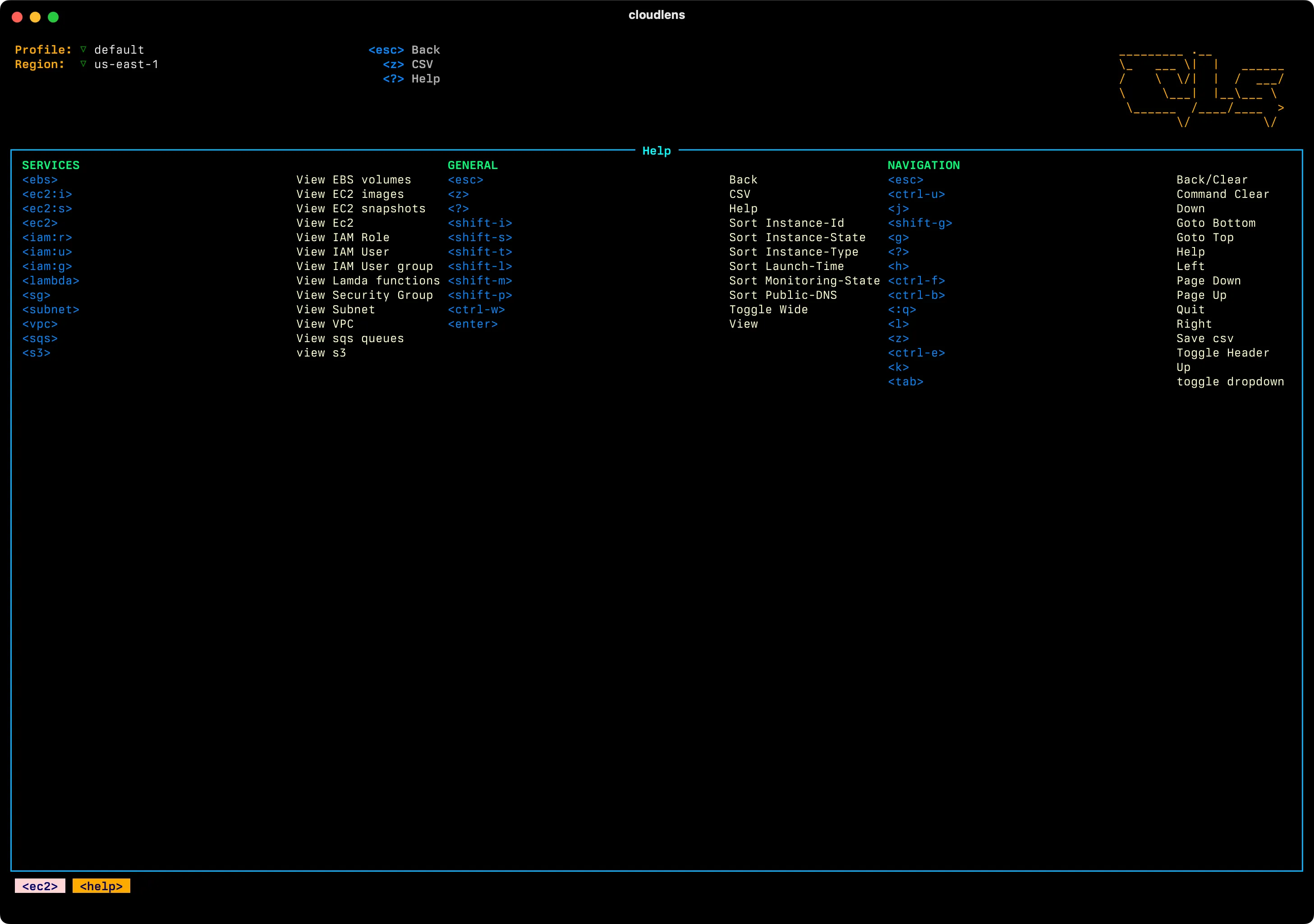 Screenshot of terminal app called cloudlens