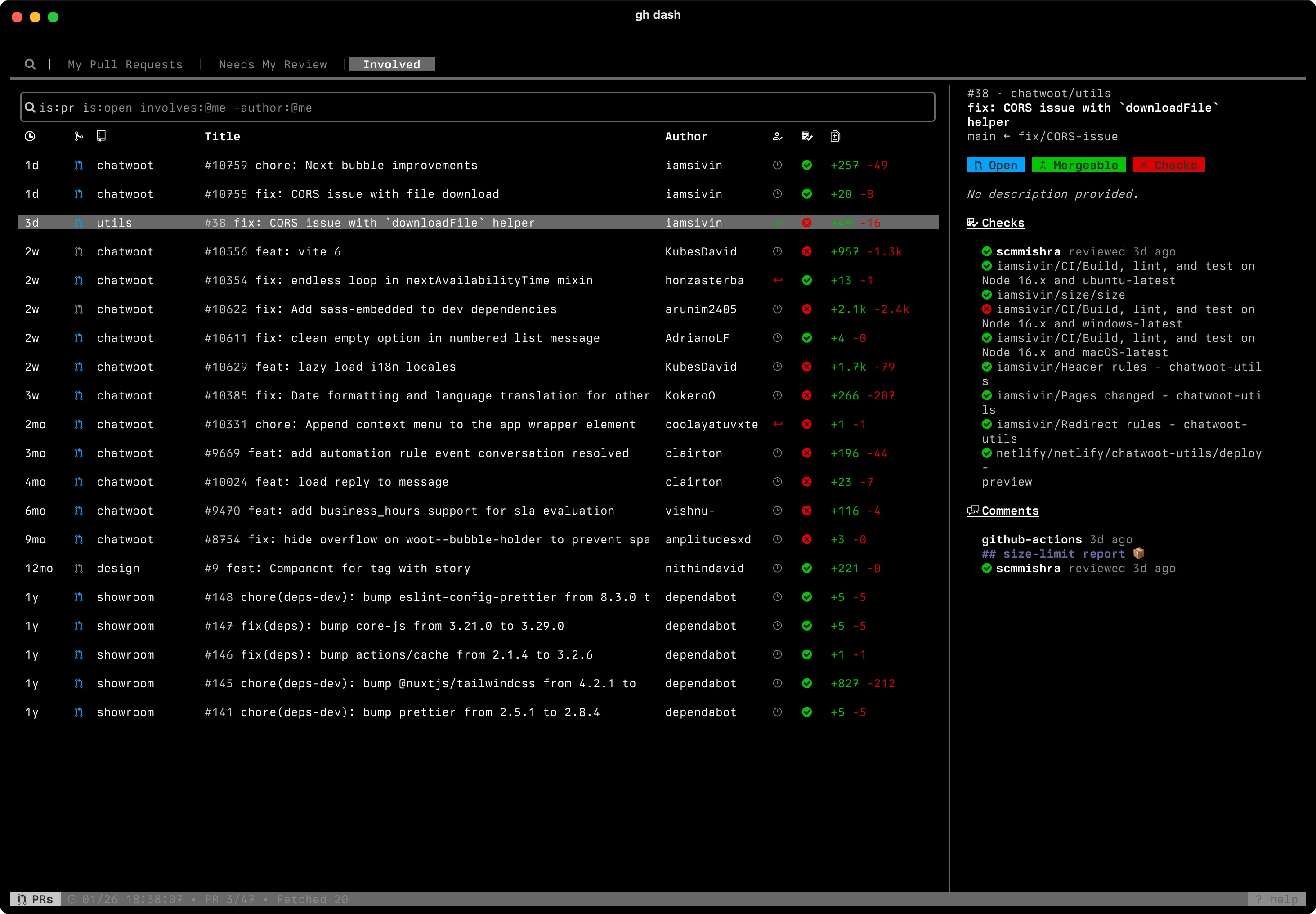 Screenshot of terminal app called gh-dash