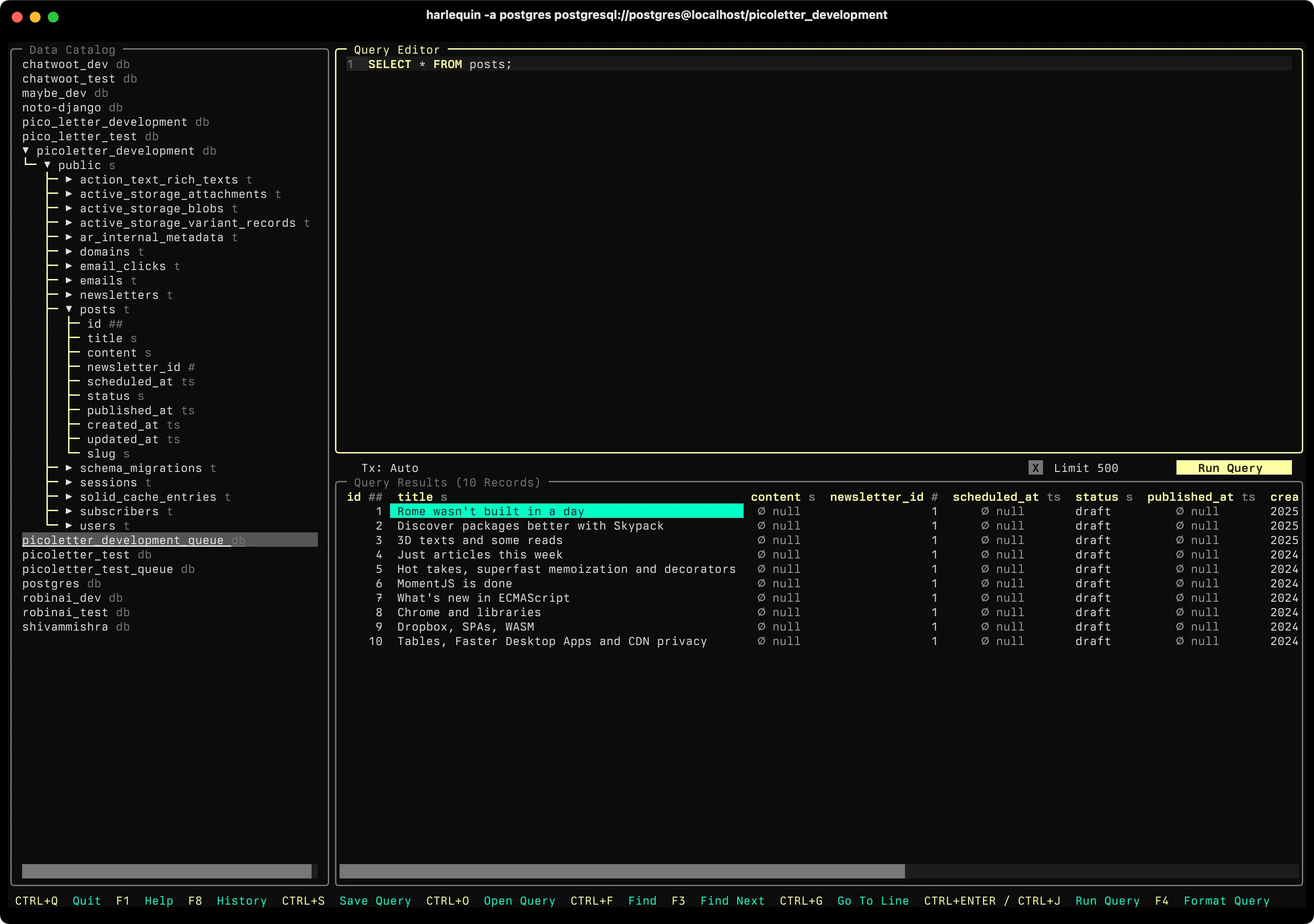 Screenshot of terminal app called harlequin