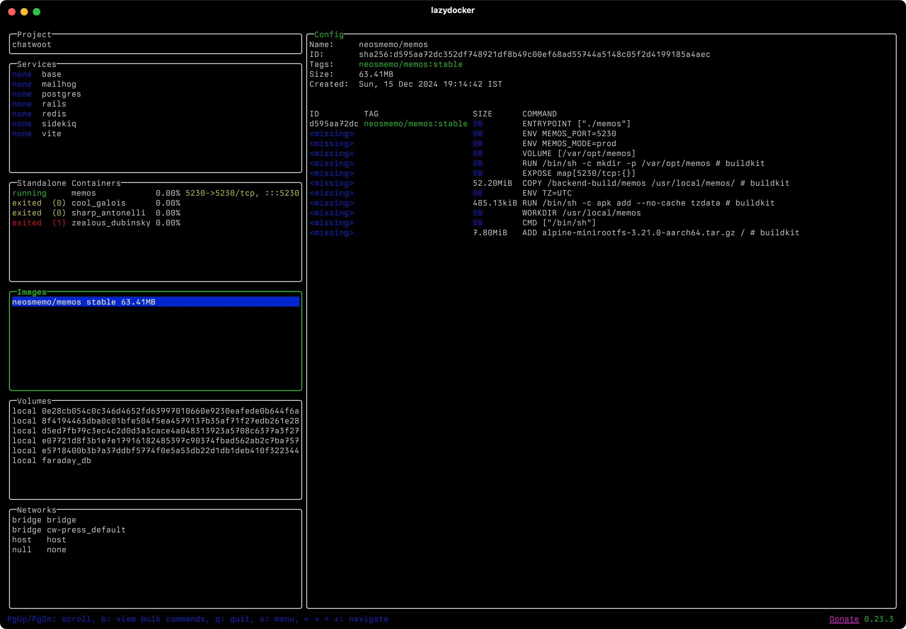 Screenshot of terminal app called lazydocker