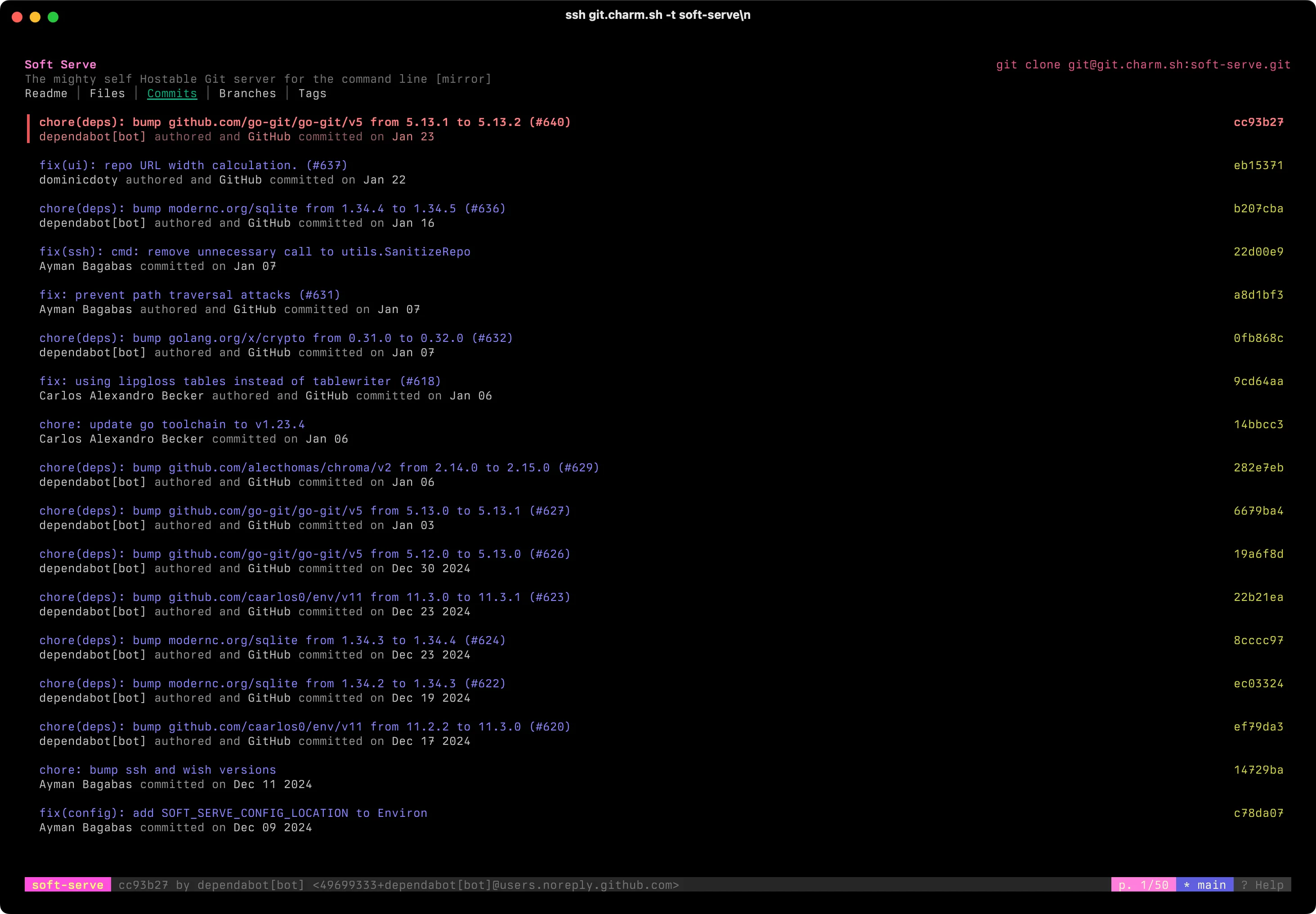 Screenshot of terminal app called soft-serve