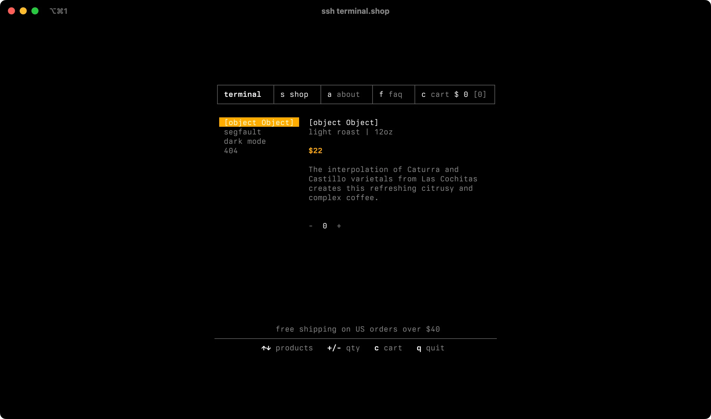 Screenshot of terminal app called Terminal Shop