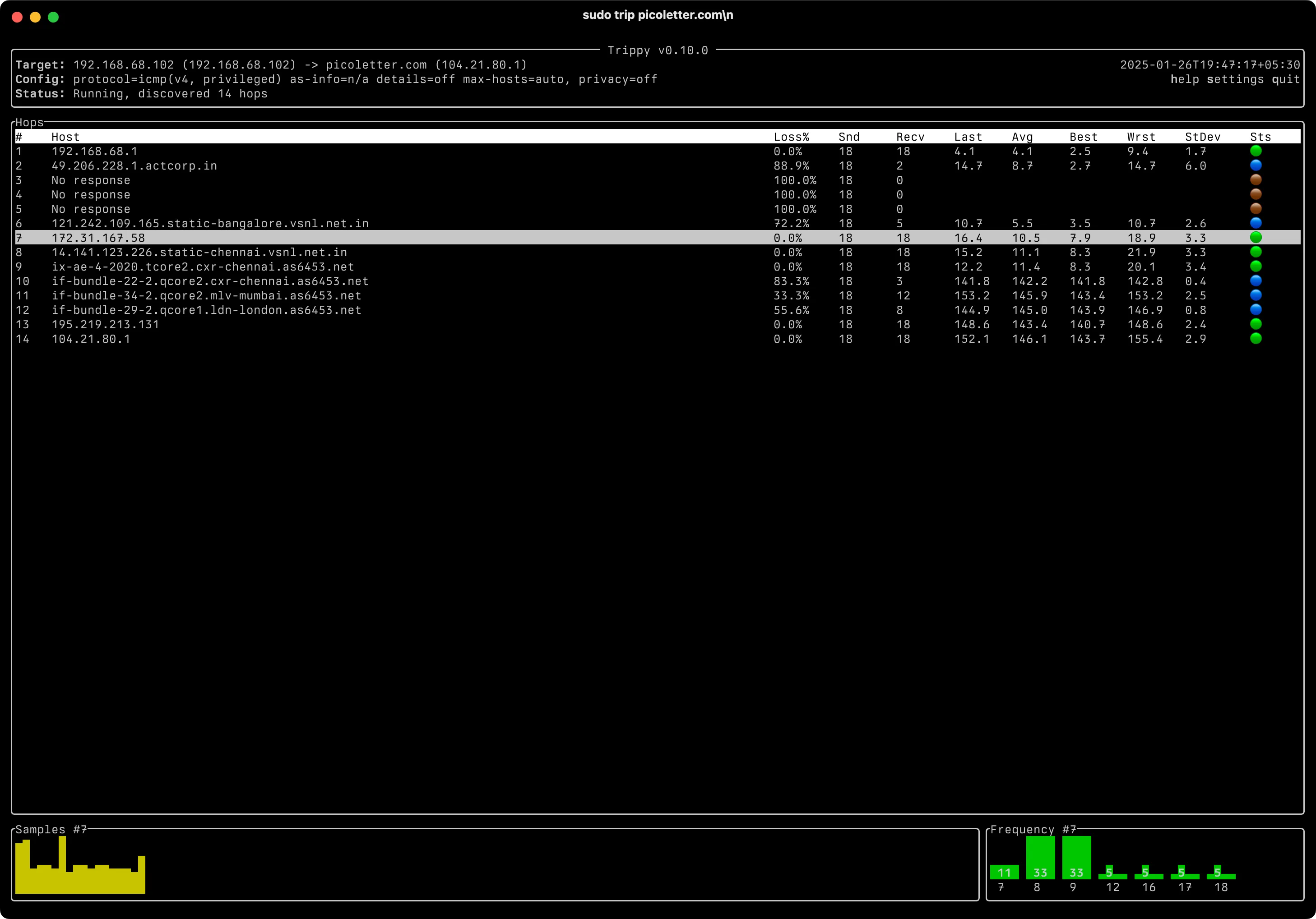 Screenshot of terminal app called trippy